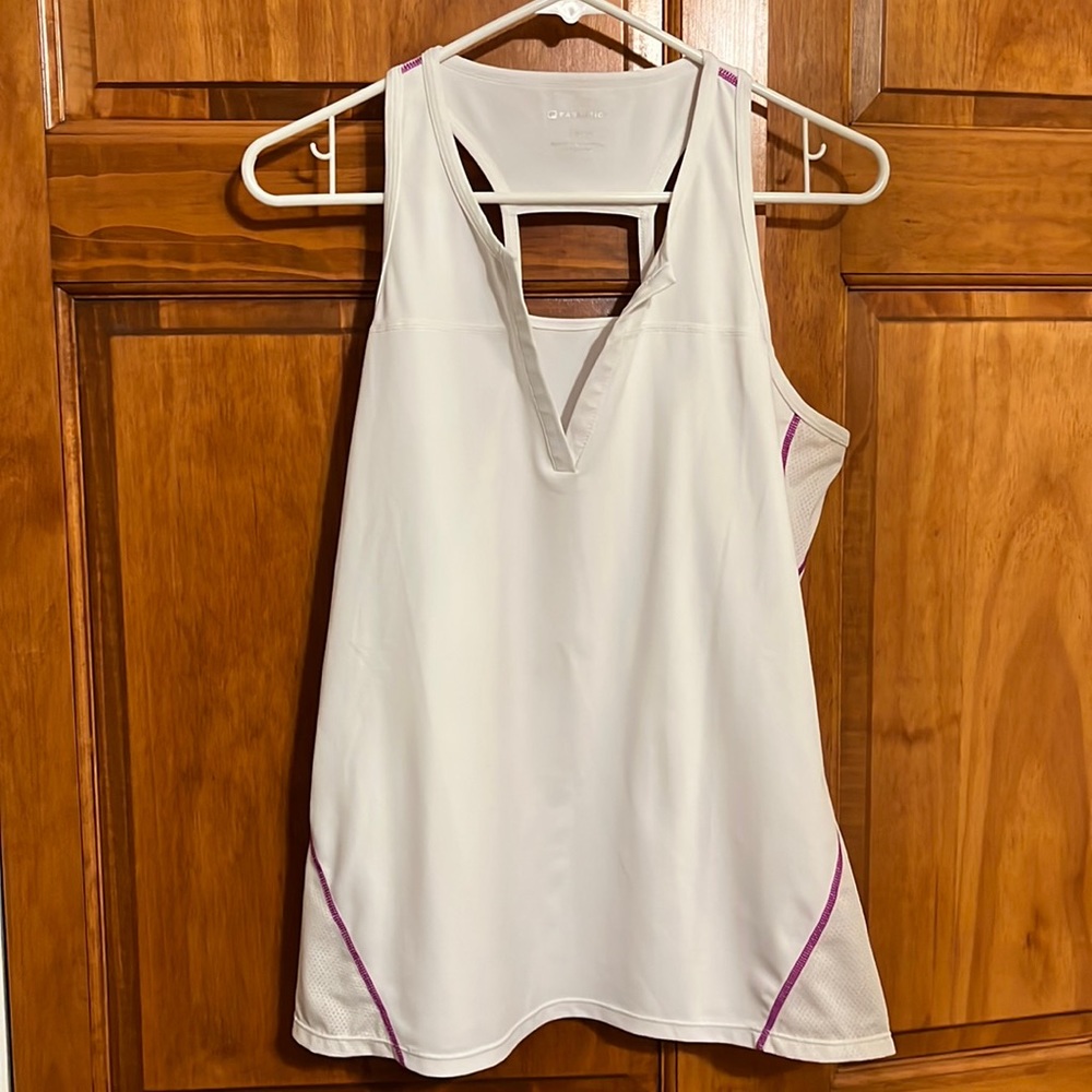 Fabletics white tank with purple trim
